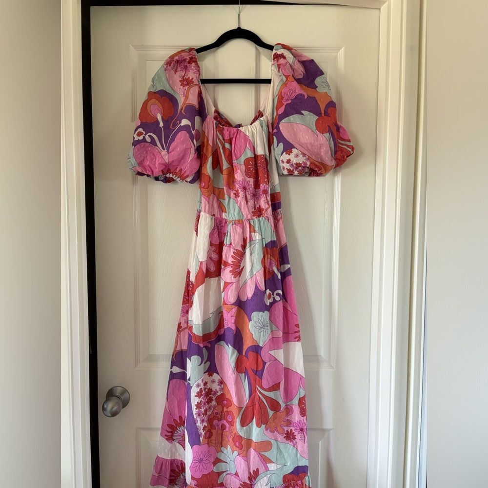 Women’s Floral Puff-Sleeve Maxi Dress in Pink and Purple